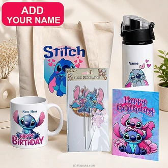 Personalized Stitch Birthday Gift Set WithTote Bag, Water Bottle, Mug, Greeting Card And Cake Topper Buy personalized gifts Online for specialGifts