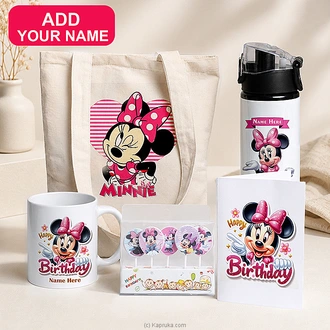 Personalized Minnie Mouse Birthday Gift Set WithTote Bag, Water Bottle, Mug, Greeting Card And Candle Set Buy personalized gifts Online for specialGifts