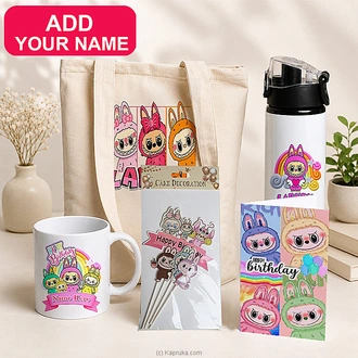 Personalized Labubu Birthday Gift Set WithTote Bag, Water Bottle, Mug, Greeting Card And Cake Topper Buy personalized gifts Online for specialGifts