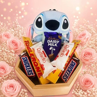 Stitch`s Candy Hug Basket With Toblerone,Raffaello,Snickers And Cadbury Chocolates Buy combo gift pack Online for specialGifts