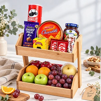 Luxe Two-Tier Celebration Tower- Wooden Fruit  Snack Gift Hamper Buy Chocolates Online for specialGifts