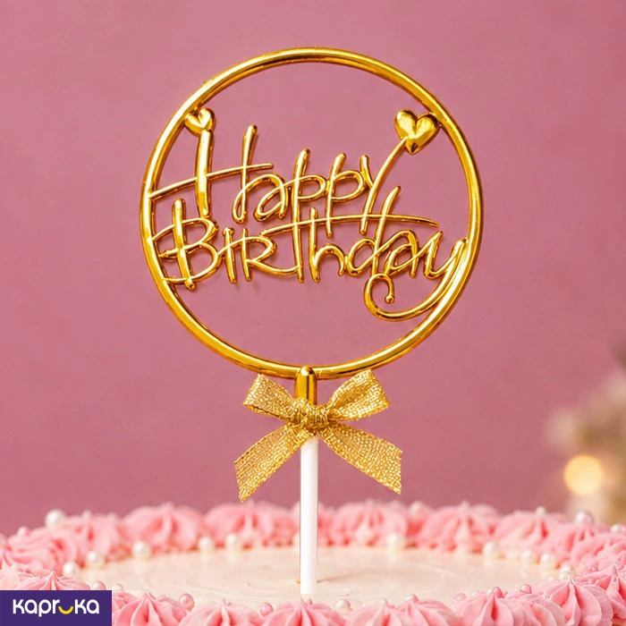 Gold Happy Birthday Cake Topper With Heart Design And Decorative Bow