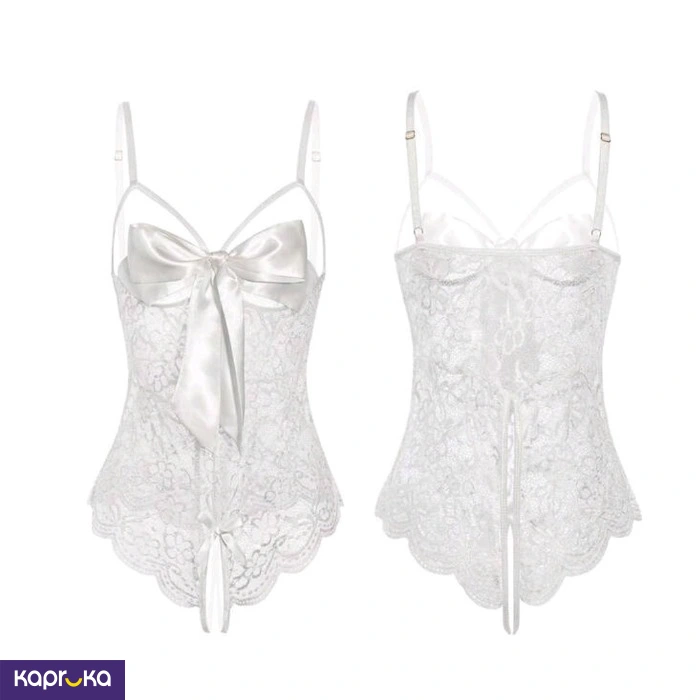 Seductive White Deep V Neck Open Crotch Lace Bodysuit Lingerie With A Satin Bow Onesize