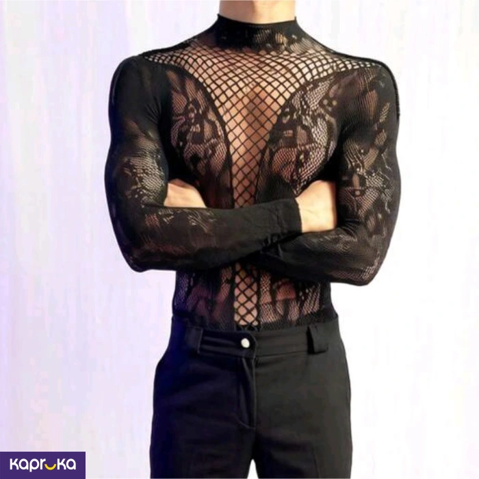 Sexy Mesh Sheer Black Designed Jumpsuit For Men Onesize