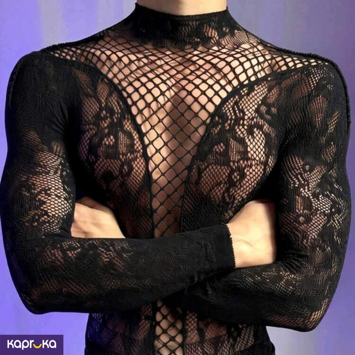 Sexy Mesh Sheer Black Designed Jumpsuit For Men Onesize