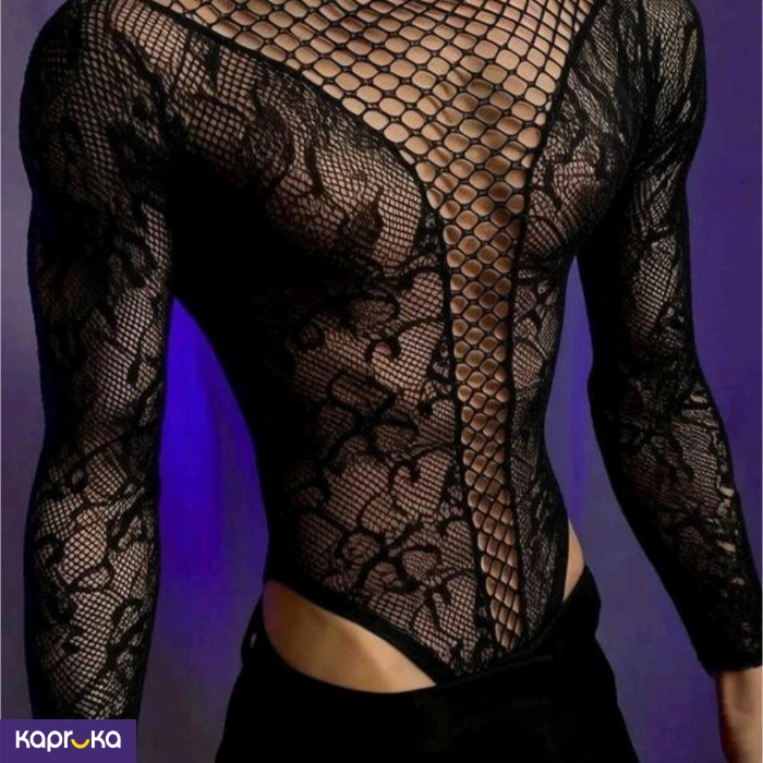 Sexy Mesh Sheer Black Designed Jumpsuit For Men Onesize