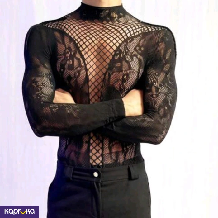 Sexy Mesh Sheer Black Designed Jumpsuit For Men Onesize