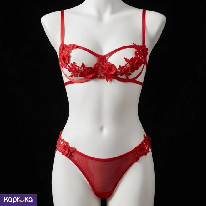 Red Embroidered Patchwork Sexy Lingerie Set For Women 2pc Size L