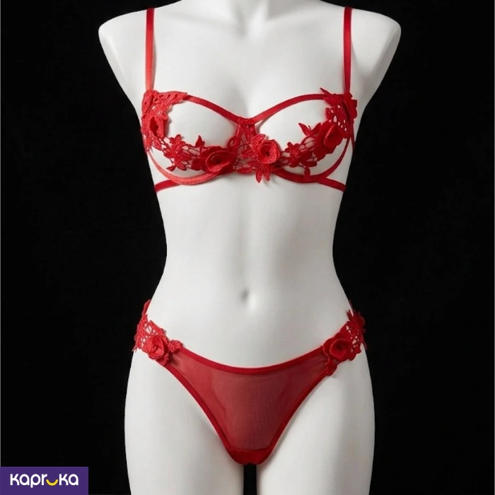 Red Embroidered Patchwork Sexy Lingerie Set For Women 2pc Size L