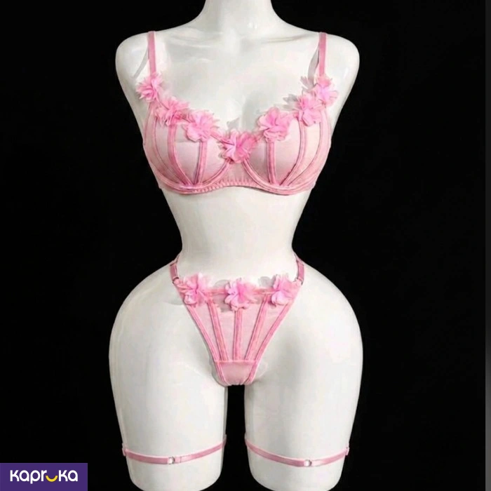Sweet And Innocent Pink Lace Mesh Lingerie 4pc Set Size M