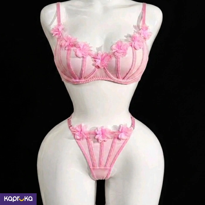 Sweet And Innocent Pink Lace Mesh Lingerie 4pc Set Size M