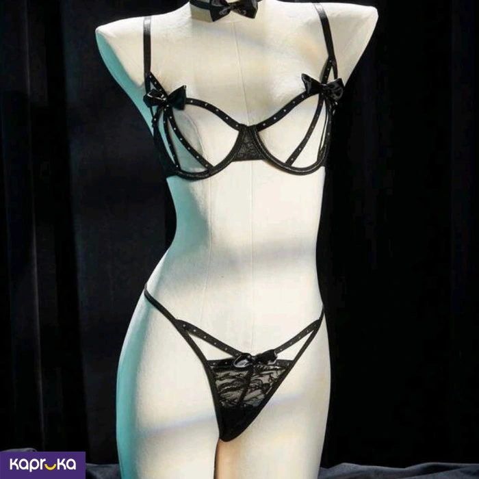Classic Black Cut Out Bow Sexy Lingerie Set 2pc For Women Size M