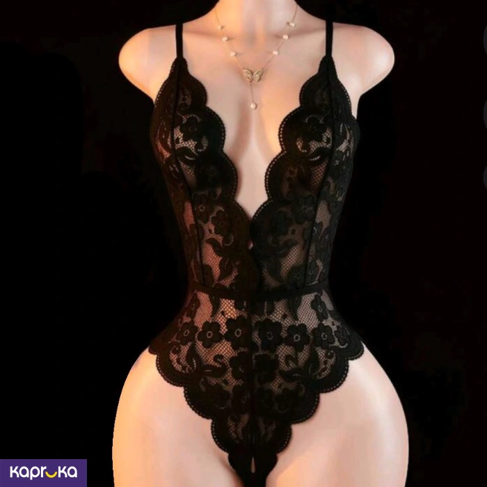 Women Black Sexy Lace Jumpsuit Low Cut Butterfly Design Size