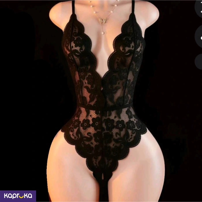 Women Black Sexy Lace Jumpsuit Low Cut Butterfly Design Size