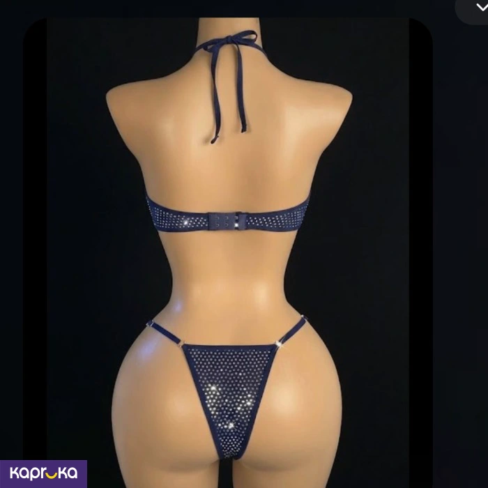 2pc Women Sexy Sequin Lingerie Set Navy Blue Size M
