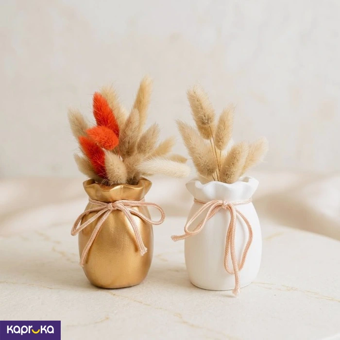 Two Ribbon Pouch Vases With Natural Dried Pampas