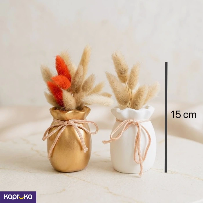 Two Ribbon Pouch Vases With Natural Dried Pampas