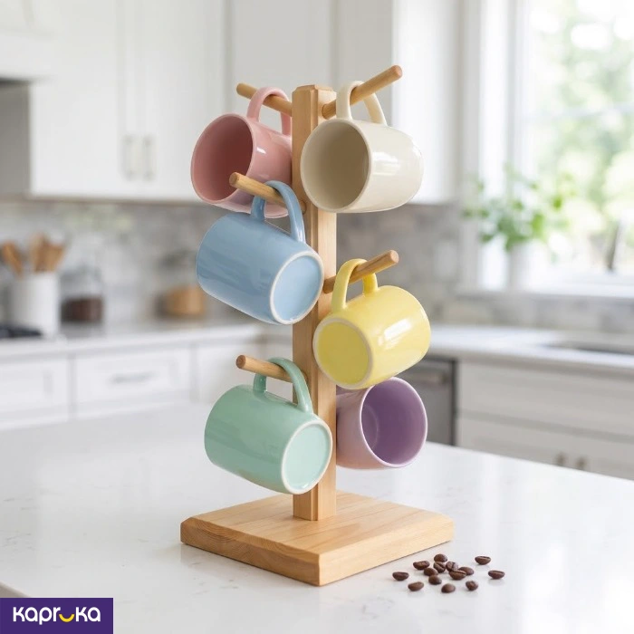 Wooden Mug Hanger Stand Natural Wood Mug Tree Holder For 6 Mugs