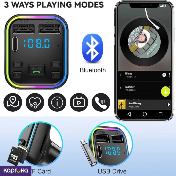 Car Bluetooth Fm Transmitter With Rgb Light