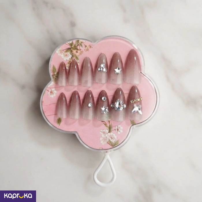 Brown Ombre Almond Press On Nails With Stars And Crystals 12pcs Reusable Fake Nails In Floral Case