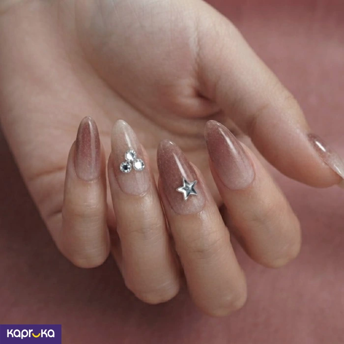Brown Ombre Almond Press On Nails With Stars And Crystals 12pcs Reusable Fake Nails In Floral Case
