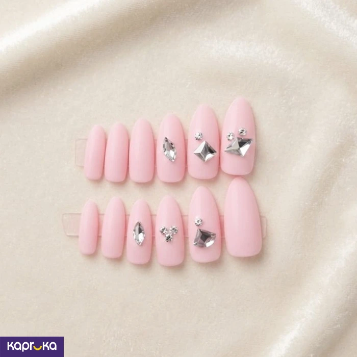 Matte Pink Almond Press On Nails With Rhinestones 24pcs Fake Nails With Adhesive Tabs In Flower Gift