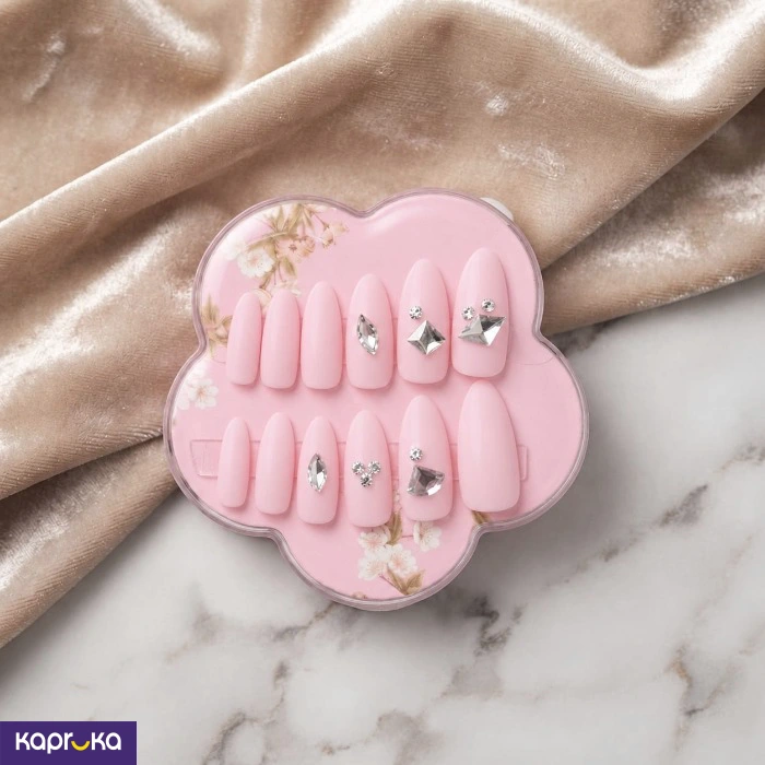 Matte Pink Almond Press On Nails With Rhinestones 24pcs Fake Nails With Adhesive Tabs In Flower Gift