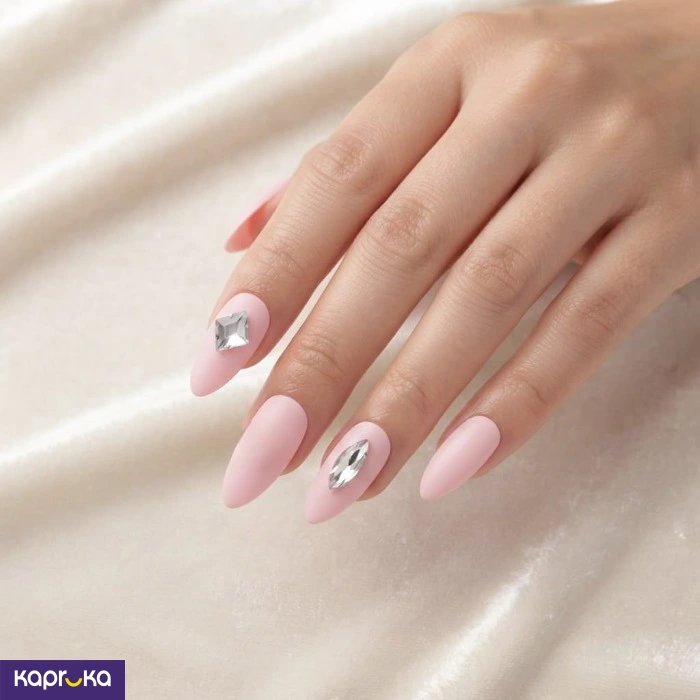 Matte Pink Almond Press On Nails With Rhinestones 24pcs Fake Nails With Adhesive Tabs In Flower Gift
