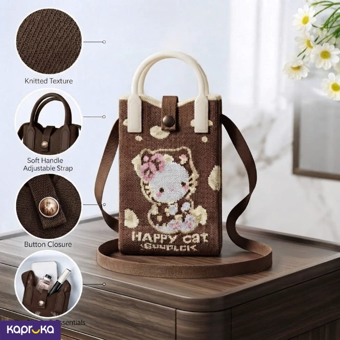 Cute Knitted Mini Crossbody Bag With Cartoon Cat Design Small Phone Bag With Top Handle