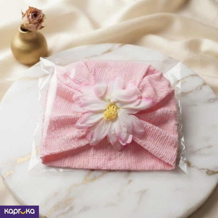 Baby Girl Pink Crinkled Turban Hat With Large Flower