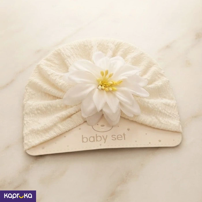 Baby Girl Cream Color Crinkled Turban Hat With 3d Flower