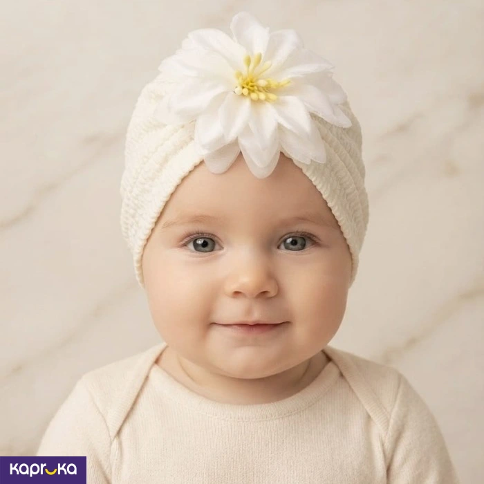 Baby Girl Cream Color Crinkled Turban Hat With 3d Flower