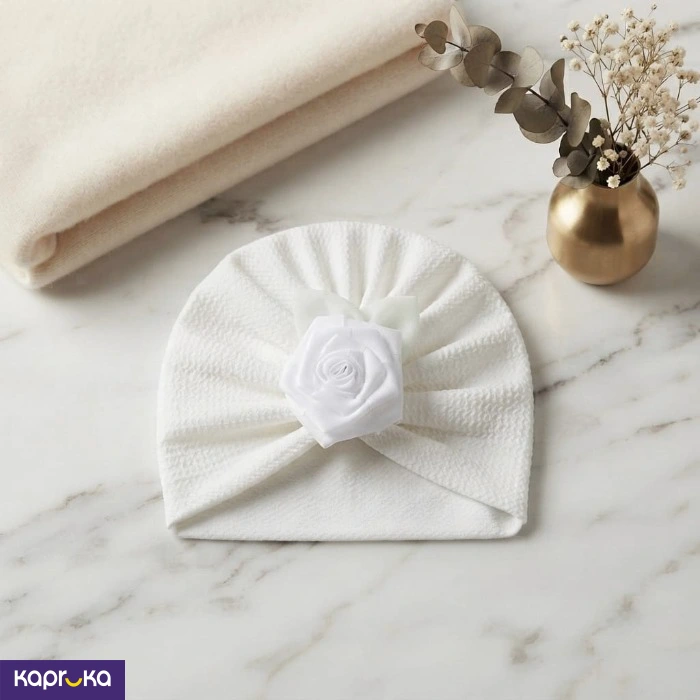 Baby Turban Hat With White Rose Stretchable Crinkle Fabric Head Turbans