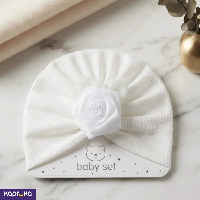 Baby Turban Hat With White Rose Stretchable Crinkle Fabric Head Turbans