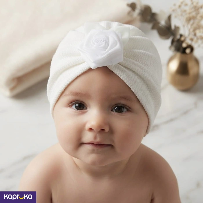 Baby Turban Hat With White Rose Stretchable Crinkle Fabric Head Turbans