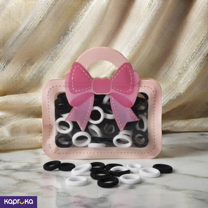 100 Pcs Mini Hair Elastics In Cute Bow Storage Bag Black And White