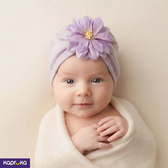 Baby Girl Lavender Crinkled Turban Hat With Large 3d Daisy Flower