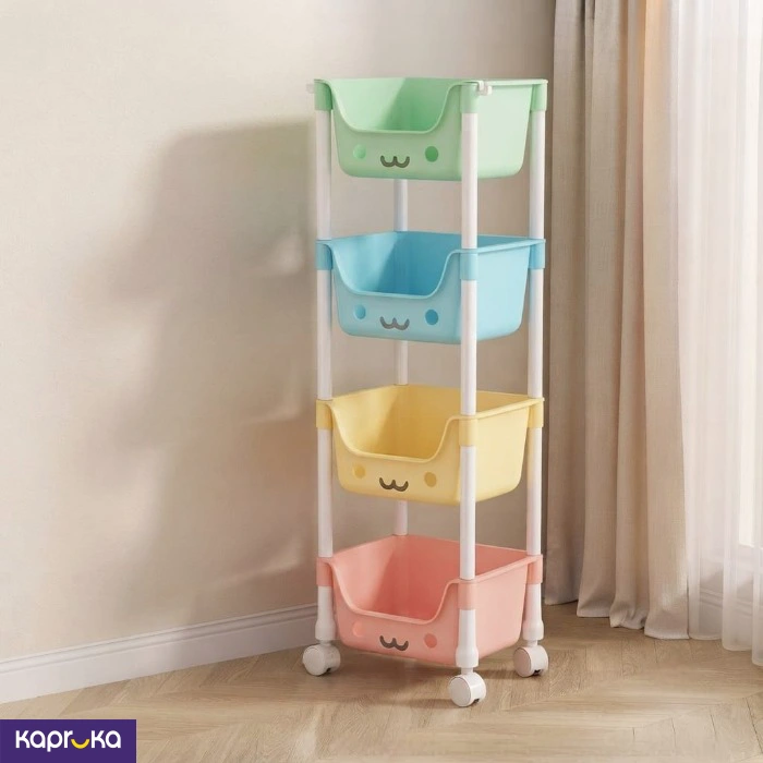 4 Tier Rolling Storage Cart With Bins Cute Face Kids Toy Organizer