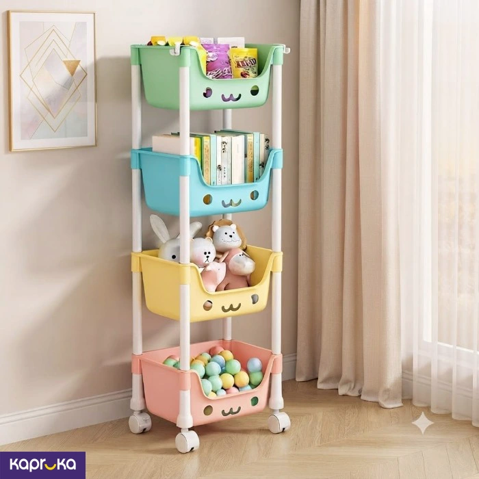 4 Tier Rolling Storage Cart With Bins Cute Face Kids Toy Organizer