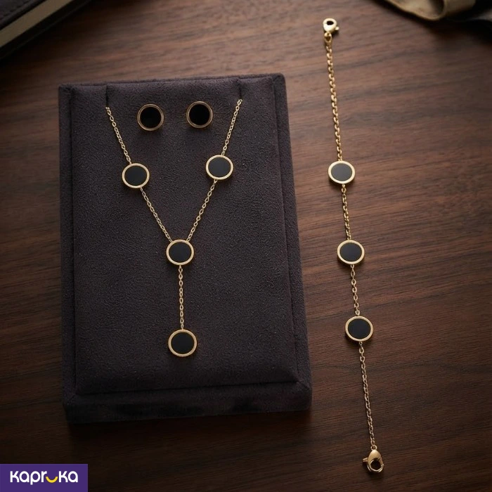 Fancy Gold Colour Tone Jewelry Set For Women Y Necklace Station Bracelet And Stud Earrings