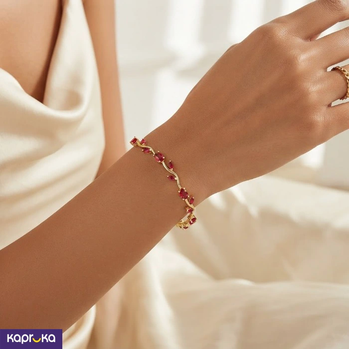 Gold Colour Tone Fancy Vine Bracelet With Artificial Red Stones For Women