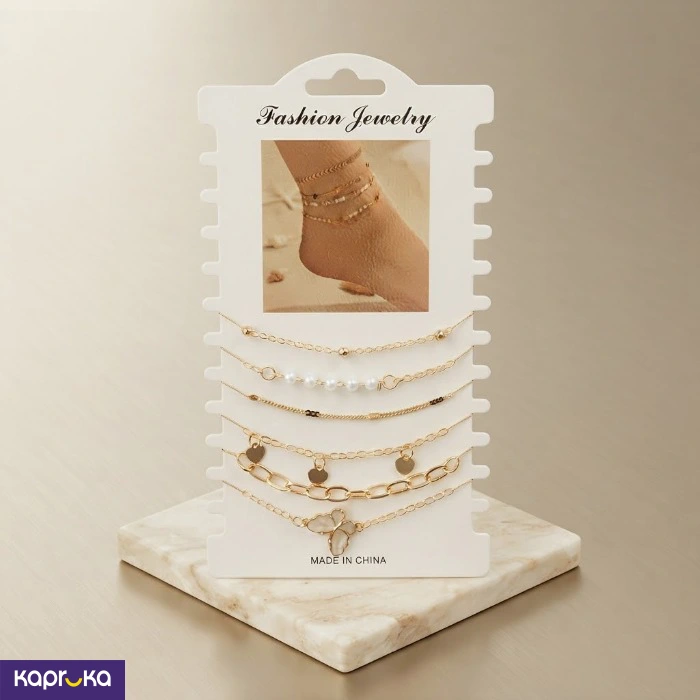 Gold Colour Tone 6 Piece Layered Anklet Set For Women
