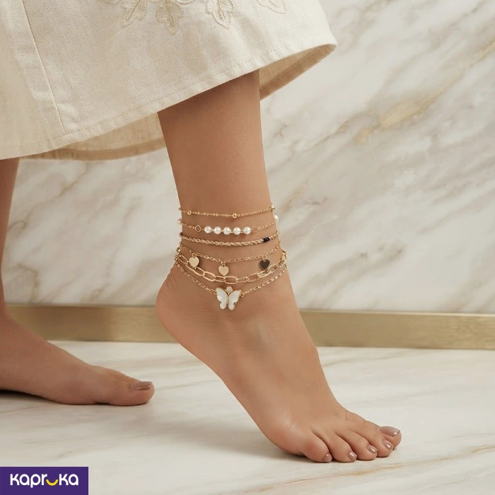 Gold Colour Tone 6 Piece Layered Anklet Set For Women