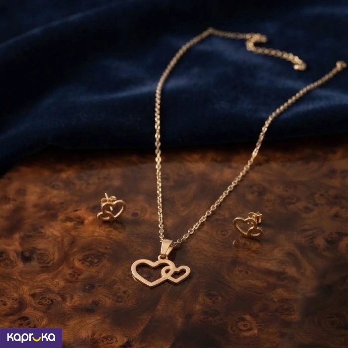 Gold Colour Tone Double Heart Pendant Necklace And Earrings Fancy Jewelry Set