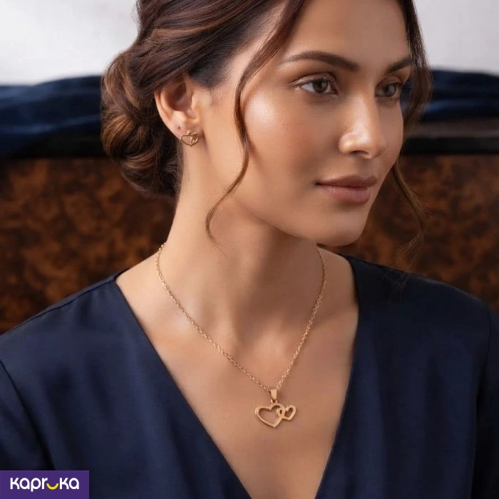 Gold Colour Tone Double Heart Pendant Necklace And Earrings Fancy Jewelry Set