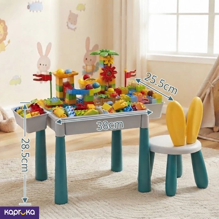 Kids Multi Functional Building Blocks Table With 104 Pcs Blocks And Bunny Chair