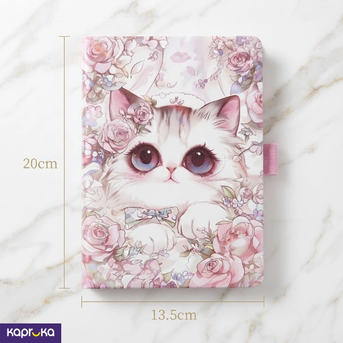 Cute Cat Floral Lined Journal Notebook 20cm X 13cm Hardcover Diary With Elastic Pen Holder
