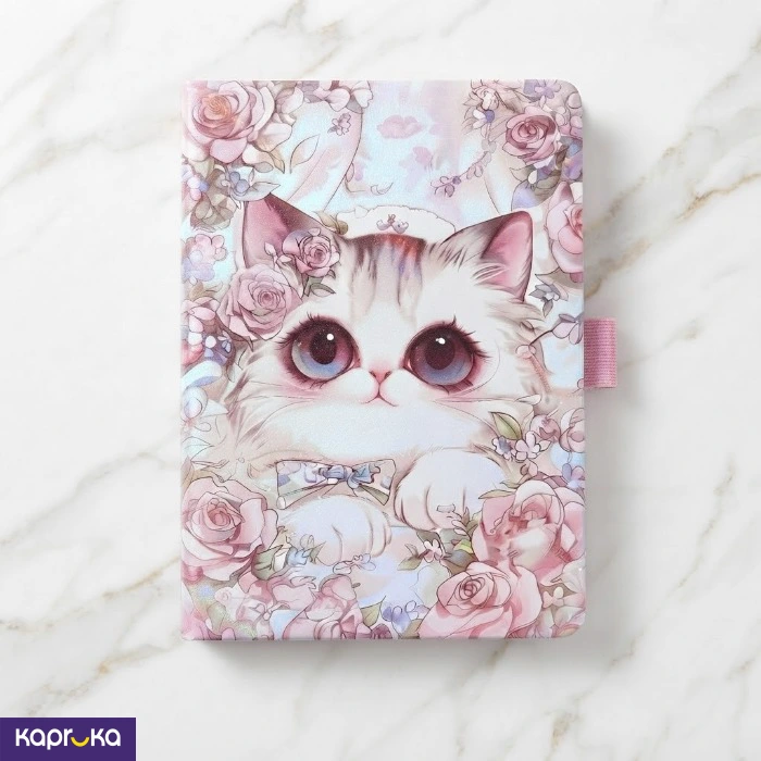 Cute Cat Floral Lined Journal Notebook 20cm X 13cm Hardcover Diary With Elastic Pen Holder