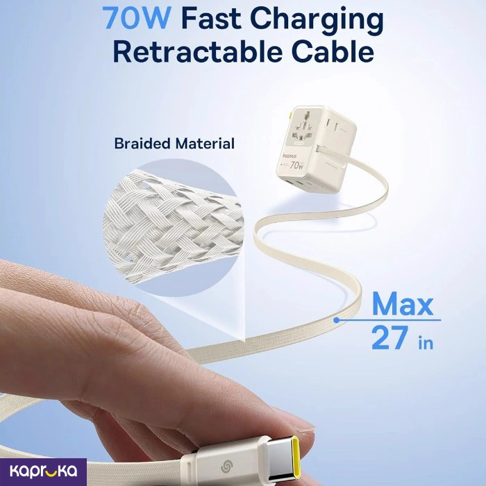 Baseus Enercore 70w 6 In 1 Universal Travel Adapter With Retractable Cable Off White