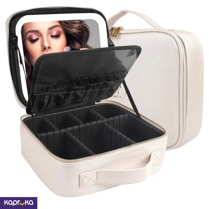 Portable Travel Makeup Cosmetic Organizer White Bag Box With Removable Light Mirror